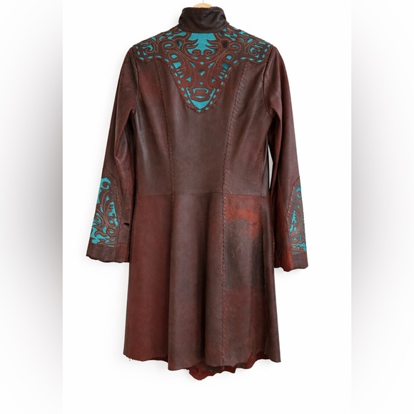 STUNNING! Tribe America Brown Leather Turquoise Suede Inset Whipstitch Jacket - Picture 2 of 10